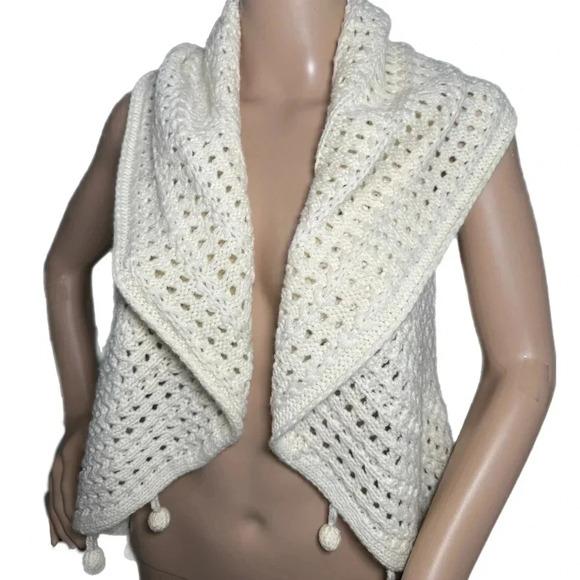 Vintage Y2K MUDPIE Crochet Knit Cardigan Sweater Size S Ivory Sleeveless Shawl - Picture 5 of 9